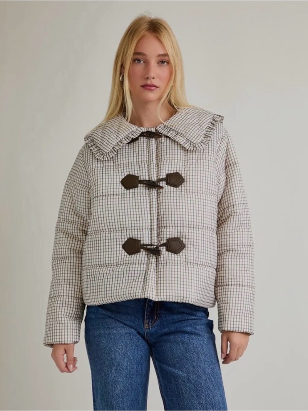 Le Lis Cream Checked Toggle Puffer Jacket